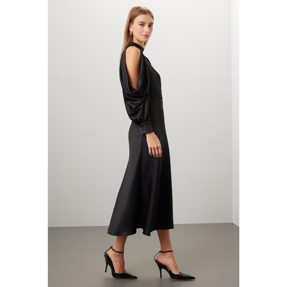 Arias New York Black Mock Neck Cold Shoulder Long Sleeve Cocktail Midi Dress 2 - Picture 2 of 16